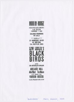 Photocopy of flyer for Moulin Rouge performance of "Blackbirds"; Paris, France, 1929