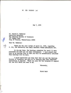 Letter from Birch Bayh to Harold E. McKelvey of the American Society of Inventors, May 7, 1979