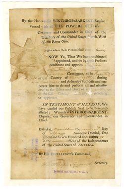 1791, May 2 - Sargent, Winthrop, 1753-1820, secretary of Northwest Territory. Commission of Dudley Woodbridge of Marietta, [Ohio] as register of Washington County, [Ohio].