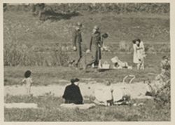 German families sunbathing on the banks of the Danube, near Regensberg, Germany