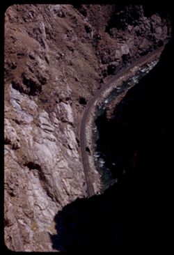 Cushman Track of D & RGW follows curving Arkansas river through Colorado's Royal Gorge