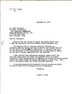 Letter from Joseph P. Allen to Ralph Rosenfeld of Energy Conversion Devices Inc., September 24, 1979