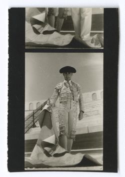 Item 0340a. Liceaga, his cape held in his right hand and spread on the ground in front of him, standing beside Eisenstein in bullring.1 ½ contact prints on a strip.
