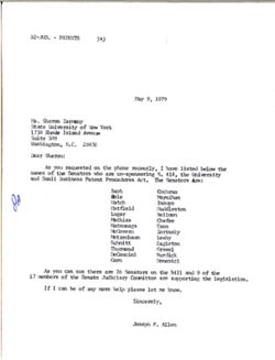 Letter from Joseph P. Allen to Sharon Zarozny of the State University of New York, May 9, 1979