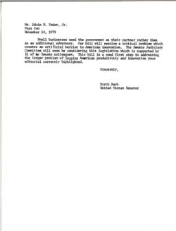 Letter from Birch Bayh to Edwin M. Yoder, Jr. of the Washington Star, November 14, 1979