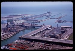 Mouth of Chicago river and Navy Pier from top Prudential Bldg.