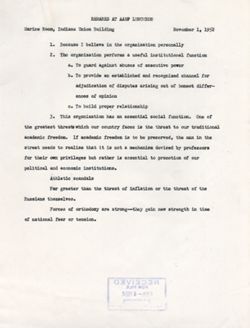 "Notes for Remarks AAUP Luncheon." -Marine Room, Indiana Union Building November 1, 1952