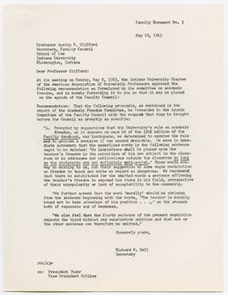 03: Letter from Professor Richard Hall to Professor Austin V. Clifford Concerning Suggested Revision of the University’s Rule on Academic Freedom, 20 May 1963