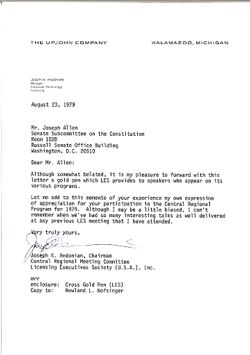 Letter from Joseph K. Andonian of the Upjohn Company to Joseph Allen, August 23, 1979