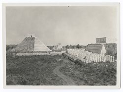 Item 0156.  Long shot of buildings at Chichen Itza. Left, the Castillo (unfinished side), center background, Temple of the Jaguar and the Ball Court - right, Temple of the Warriors and colonnade.