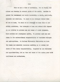 "Faculty Speech: State of the University, 1950-51." -Indiana University Social Science Auditorium. Sept. 6, 1951