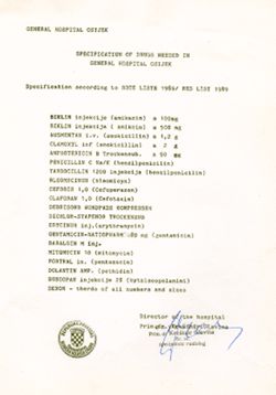 Hospital - Osijek - Needs List, 1989