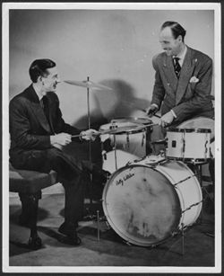 Hoagy Carmichael playing drums with Bill Wiltshire at the London Casino Theatre.