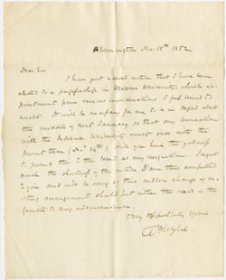 TAW’s resignation letter to IU President Alfred Ryors, 15 November 1852