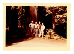 Jack Howard and others pose by redwood trees