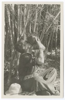 Item 0531. Alexandrov seated on the ground, drinking from a coconut. Large reeds in the background.