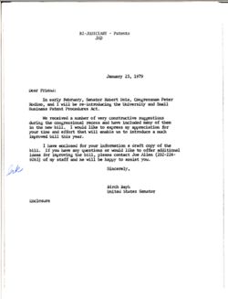 Dear Friend letter from Birch Bayh re reintroduction of the University and Small Business Patent Procedures Act, January 23, 1979