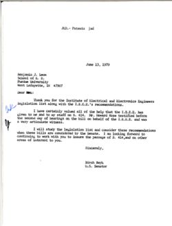 Letter from Birch Bayh to Benjamin J. Leon of Purdue University, June 13, 1979