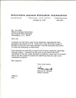 Letter from Howard W. Bremer of the Wisconsin Alumni Research Foundation to Joe Allen, October 8, 1979