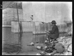Old man fishing, near canal overflow, Connersville