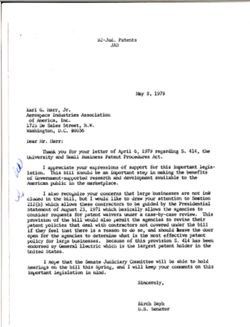 Letter from Birch Bayh to Karl G. Harr, Jr. of Aerospace Industries Association of America Inc., May 8, 1979