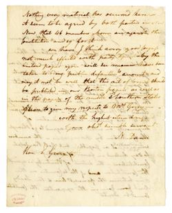 1788, June 12 - Dane, Nathan, 1752-1835, lawyer, Continental congressman. New York. To Hon. Elbridge Gerry, Esq. States he has received a letter from Col. [William] Grayson and quotes contents relating to the Virginia federal Constitution ratification convention. Notes the division in the New York convention. Comments on the action of the Continental Congress to “bring public defaulters to account”.