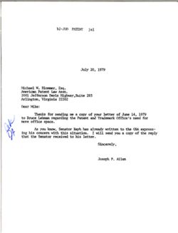 Letter from Joseph P. Allen to Michael W. Bloomer of the American Patent Law Association, July 20, 1979