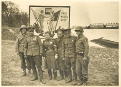 Rusian soldiers pose with GIs near the Elbe River  in Torgau, Germany