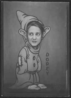 Georgia Carmichael in a carnival cutout of Dopey the Dwarf.