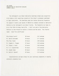 "Law School Dedication Presentation of Dedication Scholars," October 1970