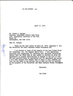 Letter from Joe Allen to Norman A. Steiger of the Polytechnic Institute of New York, April 17, 1979