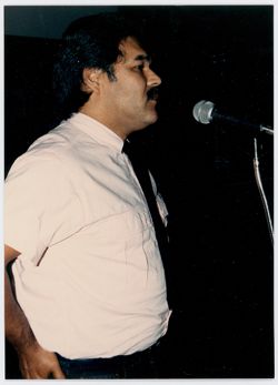 Luis Valdez addressing audience at Pan Am Festival event photograph