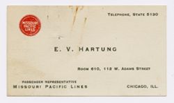 Business card of E.V. Hartung of Missouri Pacific Lines, June 22, 1928