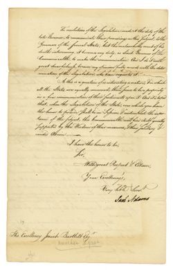 1793, Oct. 9 - Adams, Samuel, 1722-1803, Revolutionary statesman. Boston, Commonwealth of Massachusetts. To His Excellency Josiah Bartlett. Circular letter forwarding copies of a speech by the late Governor [John Hancock] and other legislative proceedings to enlist support to protest attempts by the U.S. Supreme Court to serve a “Mandatory precept” on the Massachusetts government.