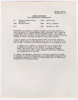 13: Memorandum from Professor Newell Long Concerning the Revision of Student Athlete Grade Policy, 09 February 1959