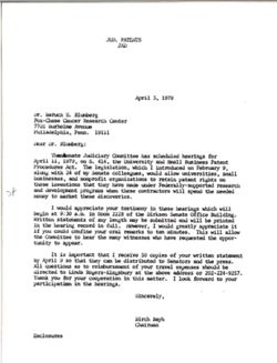 Letter from Birch Bayh to Baruch S. Blumberg of the Fox-Chase Cancer Research Center re testifying April 11, April 3, 1979