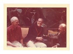 Three men laugh at the Caveman Club, Bohemian Grove