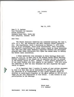 Letter from Birch Bayh to Dean F. N. Andrews of Purdue University re testifying June 6, 1979, May 25, 1979