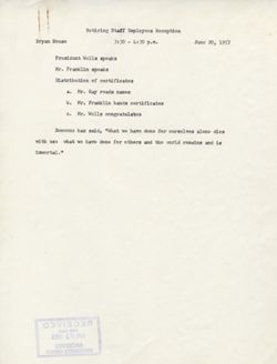"Notes for Remarks Retiring Staff Employees Reception." -Bryan House June 20, 1957