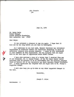 Letter from Joseph P. Allen to Ralph Davis of the Purdue Research Foundation, June 14, 1979