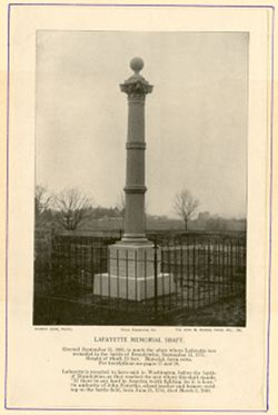 Lafayette Memorial Shaft, erected September 11, 1895, to mark the place where Lafayette was wounded in the Battle of Brandywine