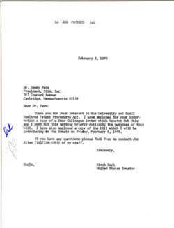 Letter from Birch Bayh to Henry Pars of SISA Inc., February 8, 1979