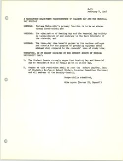 R-53 Resolution Requesting Reinstatement of Reading Day and the Memorial Day Holiday, 08 February 1968