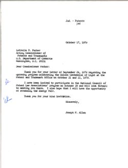 Letter from Joseph P. Allen to Lutrelle F. Parker of the Patent and Trademark Office, October 17, 1979