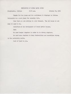 "Notes for Remarks Sigma Kappa House Dedication." -Bloomington October 20, 1956