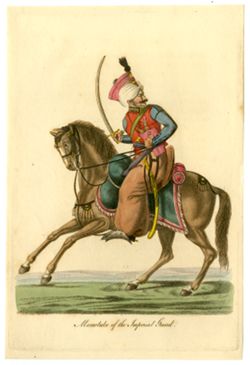 Man in military uniform on horse, entitled "Mameluke of the Imperial Guard"