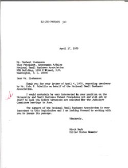 Letter from Birch Bayh to Herbert Liebenson of the National Small Business Association, April 17, 1979