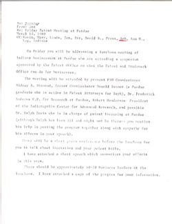 Memo from Joe to Senator re Friday Patent Meeting at Purdue, March 12, 1980