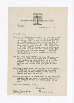 1 March 1943: To: Naoma Lowensohn. From: Milton J. Pike.