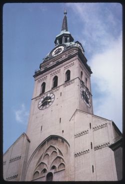 Looking up at rebuilt church Alter Peter was destroyed in World War II Munich